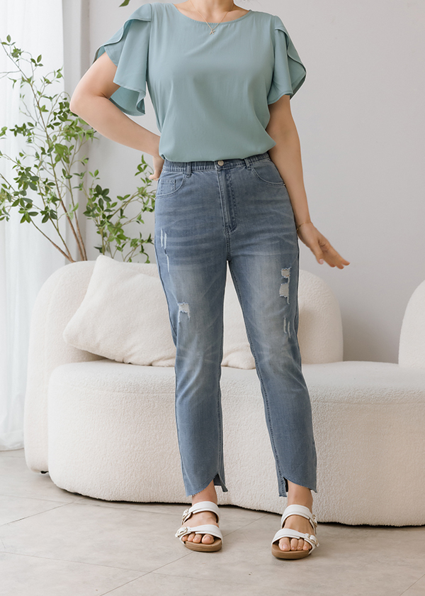 颯颯舒爽斜切九分單寧褲