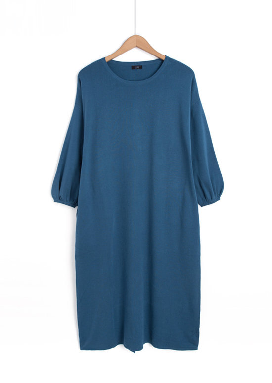 寬鬆落肩澎袖長版針織洋裝