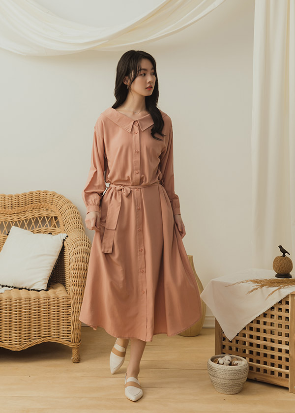 法式小翻領優雅開襟綁帶洋裝