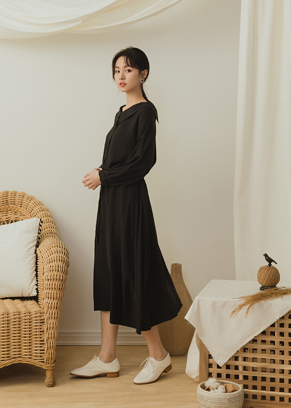 法式小翻領優雅開襟綁帶洋裝