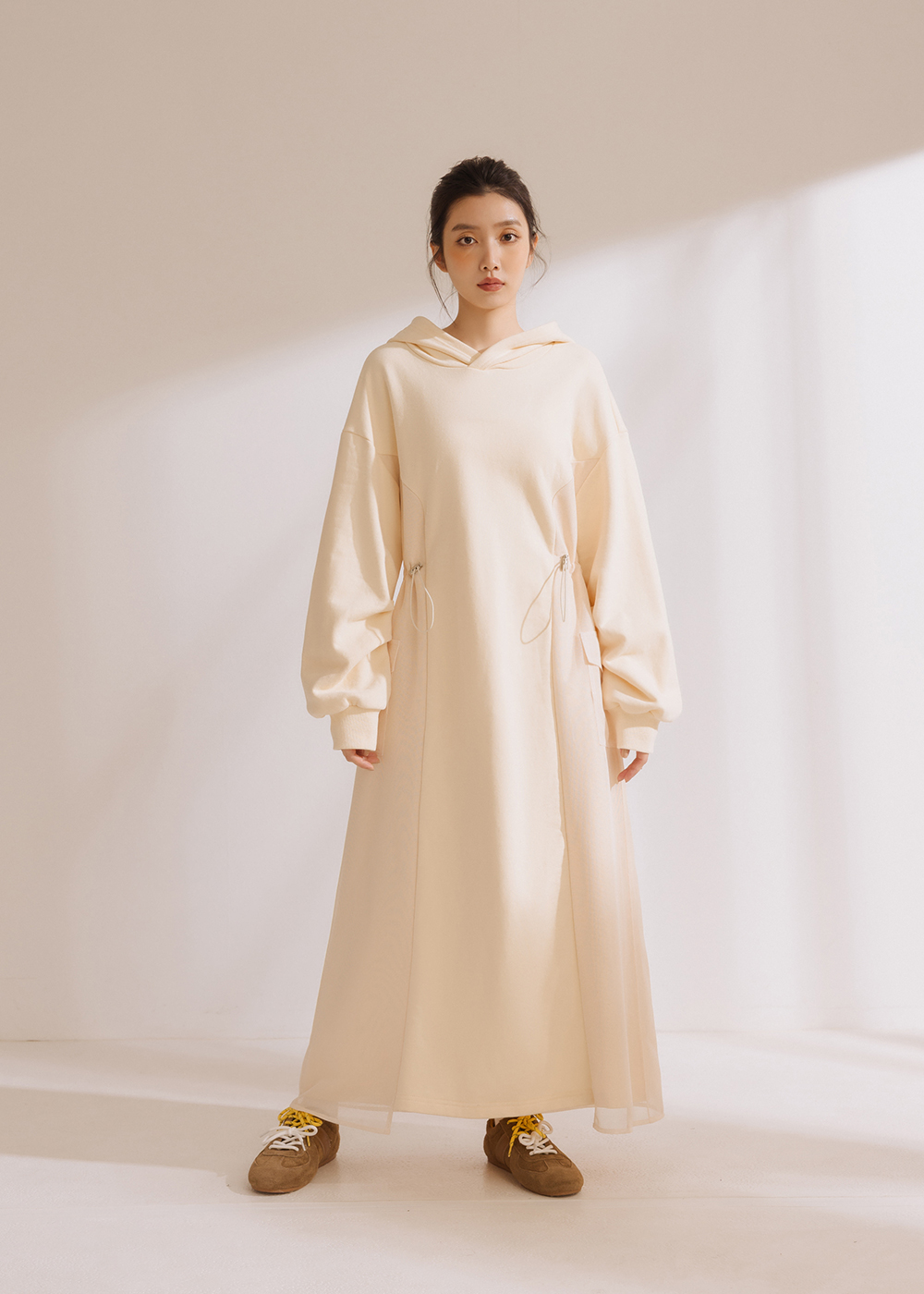 內磨毛拼接布連帽洋裝