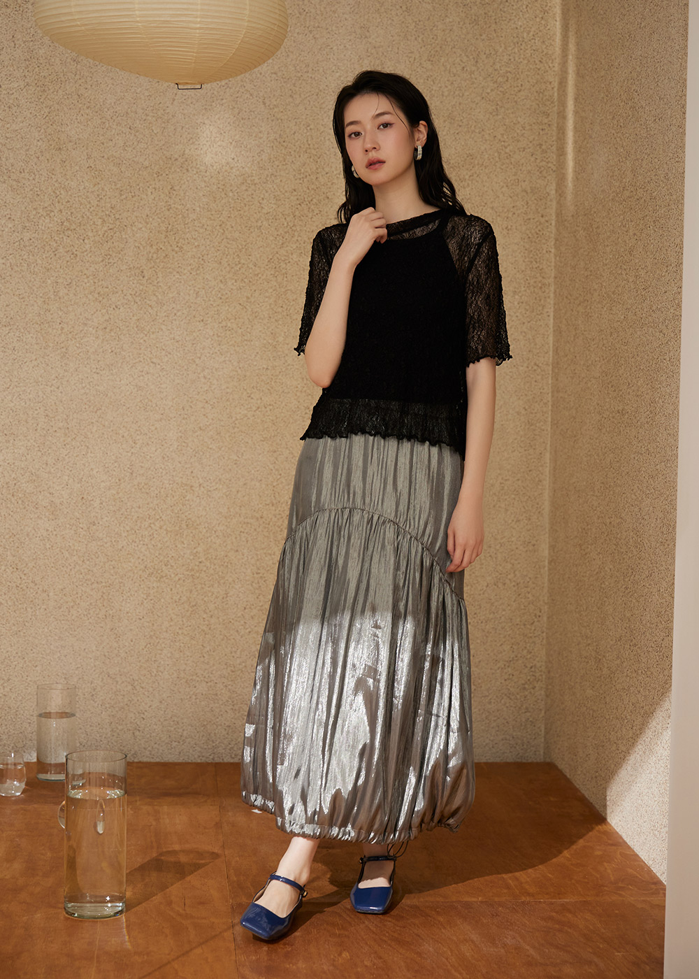 貝殼光感抽繩泡泡裙