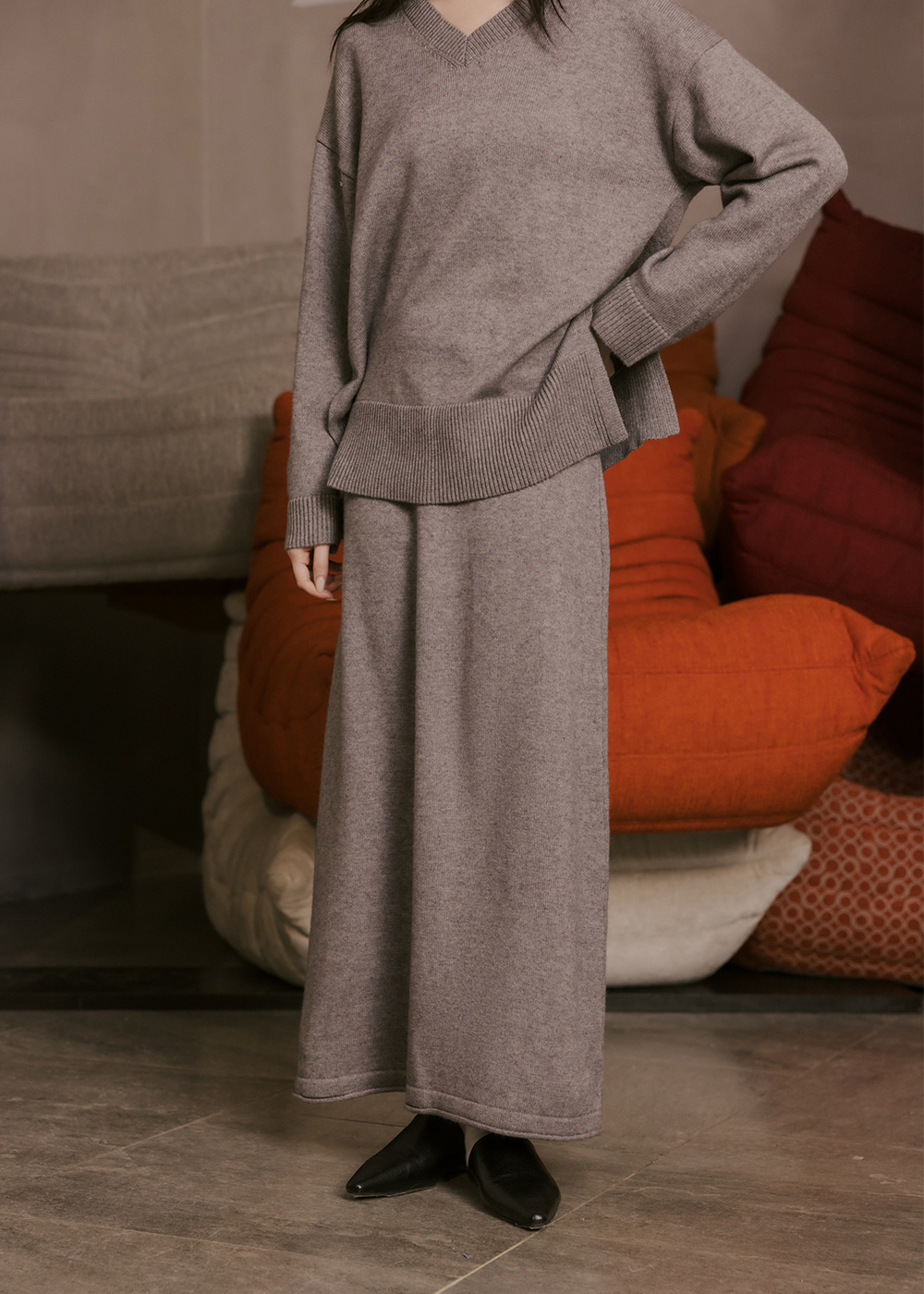 下擺捲邊設計A字針織長裙