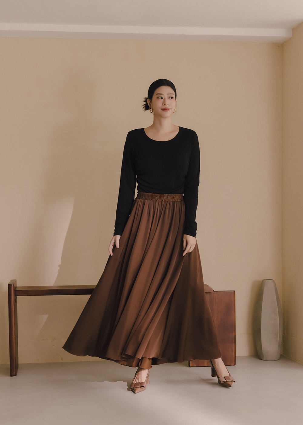 霧光緞面長褲裙