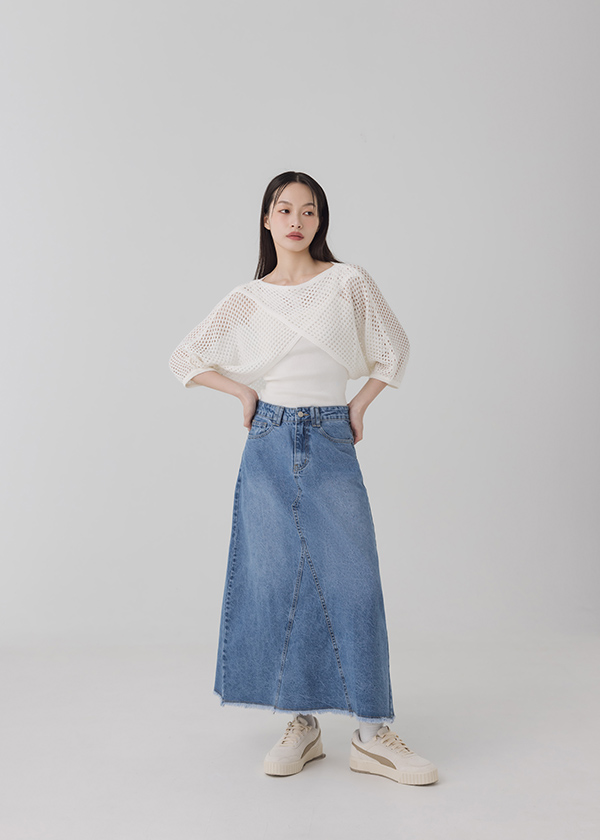 水洗刷色A襬丹寧裙